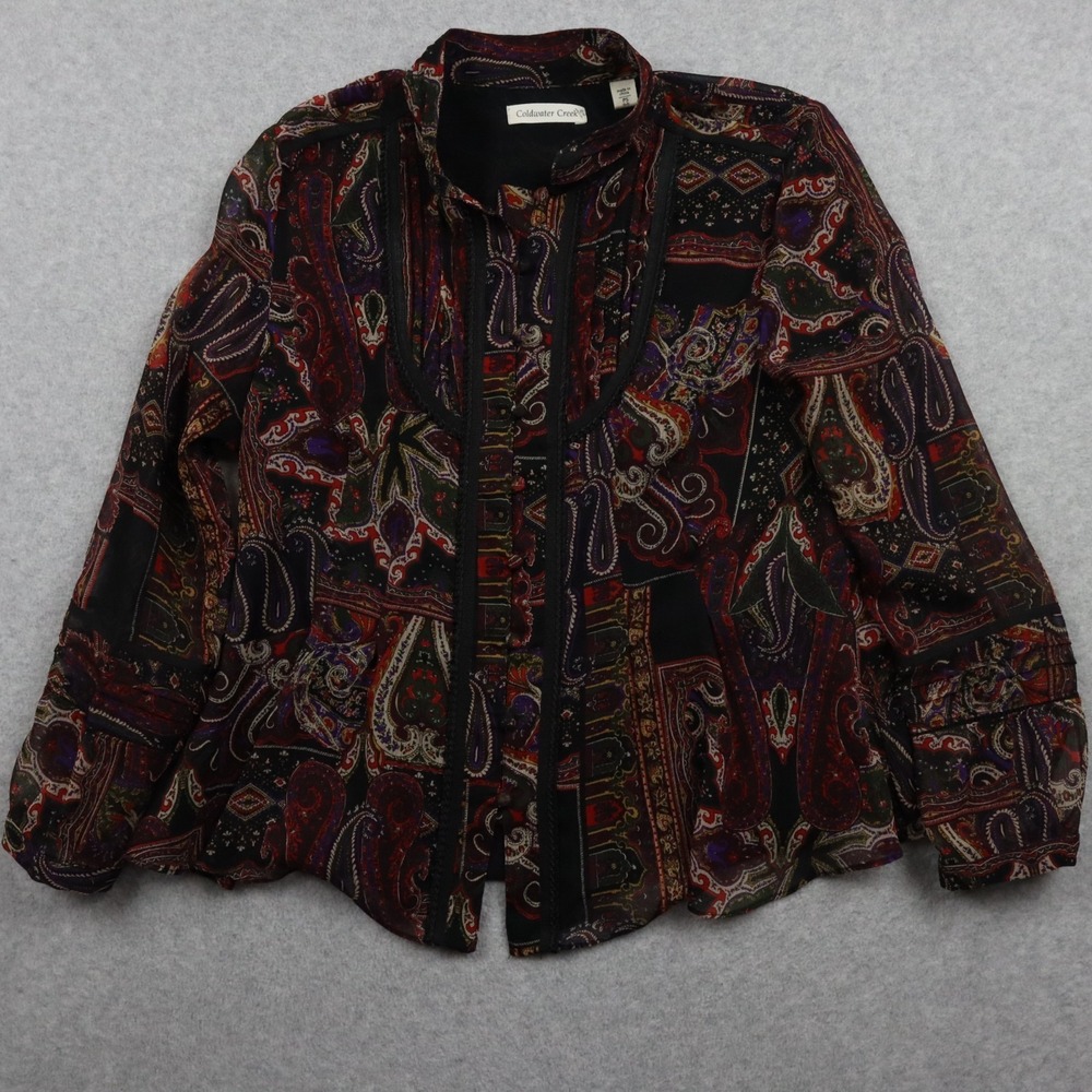 Coldwater Creek Top Womens PS Chiffon Button-Up Blouse Paisley Print Long Sleeve